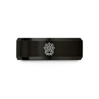customized metal rings – black tungsten dharma wheel wedding band