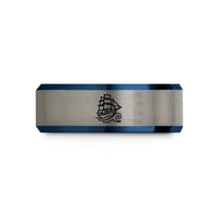 custom engraved rings men – black & blue & silver tungsten clipper ship wave wedding band