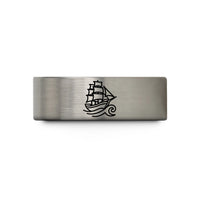 custom engraved rings men – gray tungsten clipper ship wave wedding band