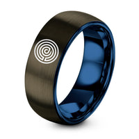 Personalized Romantic Gifts for Him – gunmetal & blue tungsten labyrinth path spiral ring
