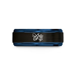 men's tungsten wedding bands – black & blue tungsten honeybee flower wedding band