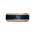 engraved rings for men – blue & rose gold tungsten grill king wedding band