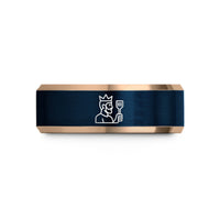 engraved rings for men – rose gold & blue tungsten grill king wedding band