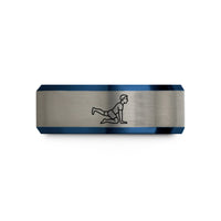 engraved wedding bands – black & blue & gray tungsten leg pull front wedding band