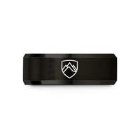 unique wedding rings set – black tungsten mountain crest shield wedding band