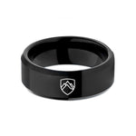 custom engraved rings men – black tungsten mountain crest shield wedding band