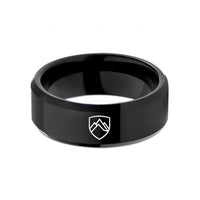 custom engraved rings men – black tungsten mountain crest shield wedding band