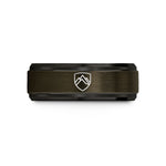 custom engraved rings men – gunmetal & black tungsten mountain crest shield wedding band