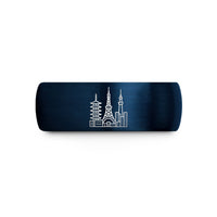 engraved couple rings present – blue tungsten tokyo skyline wedding band
