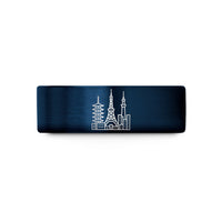 engraved couple rings present – blue tungsten tokyo skyline wedding band