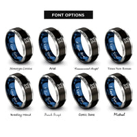 font options for inside engraving on black & blue & grey pier silhouette rings