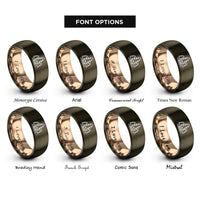 font options for inside engraving on gunmetal & rose gold pine forest silhouette rings