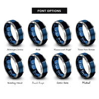 font options for inside engraving on blue & silver pipette dropper rings