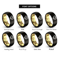 font options for inside engraving on black & gold pixel heart rings