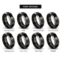 font options for inside engraving on black & silver pixel world pattern rings