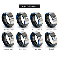 font options for inside engraving on black & blue & gray play icons rings