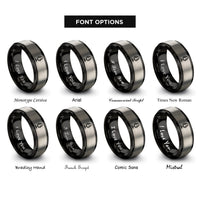 font options for inside engraving on black & grey podcast mic icon rings