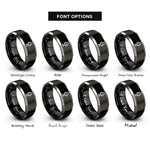 font options for inside engraving on black & silver podcast mic icon rings