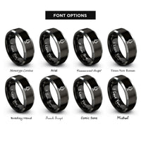 font options for inside engraving on black & silver podcast mic icon rings