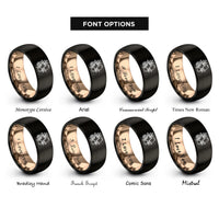 font options for inside engraving on black & rose gold pomegranate cluster rings