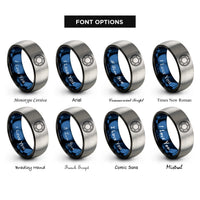 font options for inside engraving on black & blue & silver porthole window rope rings
