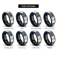font options for inside engraving on black & blue & silver power button rings
