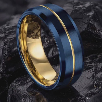 Beveled Tungsten Ring Blue, Men's Gold Wedding Band, Anniversary Gift Idea, Personalized Gifts for Him, Engraved Laser Ring, Fast Shipping