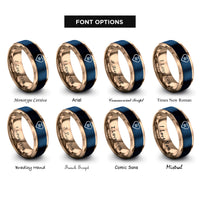 font options for inside engraving on blue & rose gold pride sign rings