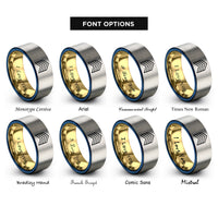 font options for inside engraving on gold & blue & gray progress chevron band rings
