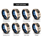 font options for inside engraving on rose gold & blue & grey progress pride flag rings
