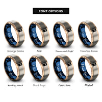 font options for inside engraving on rose gold & blue & grey progress pride flag rings