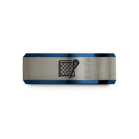 unique promise rings couples – black & blue & gray tungsten lacrosse goal stick wedding band