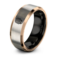 engraved couple rings – black & rose gold & silver tungsten mechanical skull ring