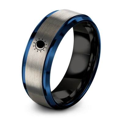 Solar Eclipse Ring – Tungsten Wedding Band, 8 mm, Black, Blue Comfort-Fit Unisex