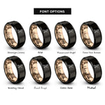 font options for inside engraving on black & rose gold proposal kneeling ring rings