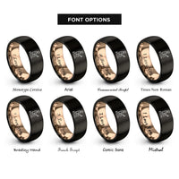 font options for inside engraving on black & rose gold proposal silhouette rings
