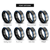 font options for inside engraving on black & blue & silver pulse peak rings