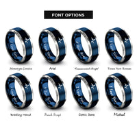 font options for inside engraving on blue & silver pulse train rings