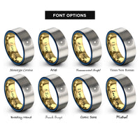 font options for inside engraving on gold & blue & silver radiant sunburst rings