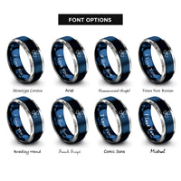 font options for inside engraving on blue & gray radiation trefoil rings