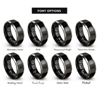 font options for inside engraving on black & grey recursive backtracking maze rings