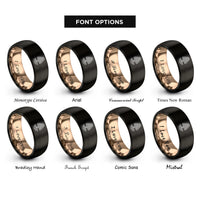 font options for inside engraving on black & rose gold redwood tree roots rings