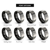 font options for inside engraving on black & silver reef square knot rings