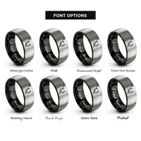 font options for inside engraving on black & silver riding crop horseshoe rings
