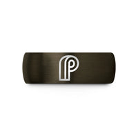 engraved ring for him – gunmetal & black tungsten pilcrow wedding band