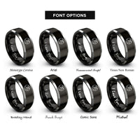 font options for inside engraving on black & gray river meander rings