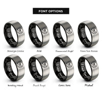 font options for inside engraving on black & grey river valley meander rings