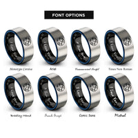 font options for inside engraving on black & blue & grey robinson projection rings
