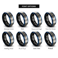 font options for inside engraving on black & blue & gray robot rings