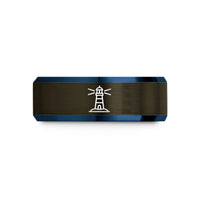 personalized presents for lovers – gunmetal & blue tungsten lighthouse wedding band